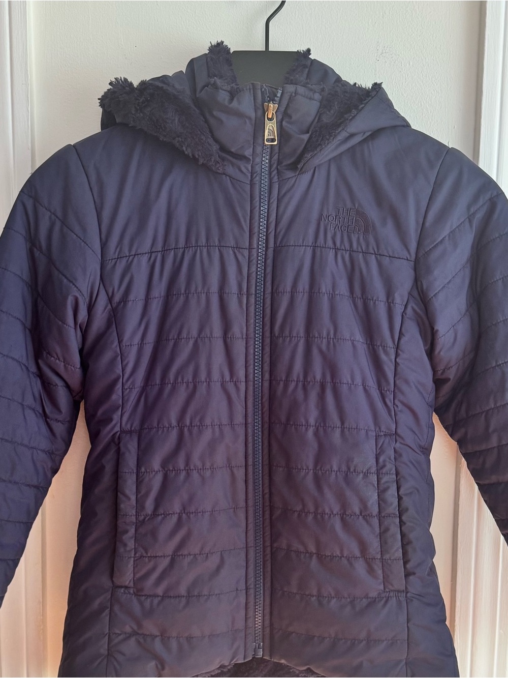 Girls North Face Navy Blue Quilted Hooded Parka Jacket Soft Plush Fleece, 7/8